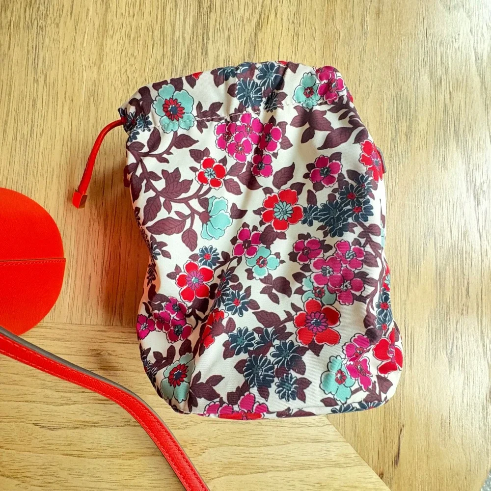 $328 TORY‎ BURCH Emerson Mini Bucket Bag Coral Leather Floral Insert Crossbody
